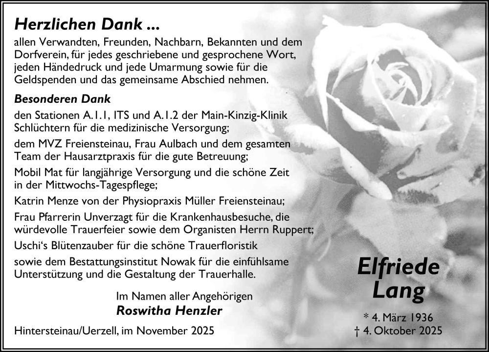  Traueranzeige für Elfriede Lang vom 29.11.2025 aus FZ