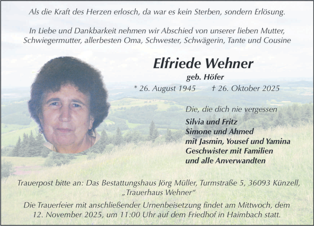  Traueranzeige für Elfriede Wehner vom 10.11.2025 aus FZ