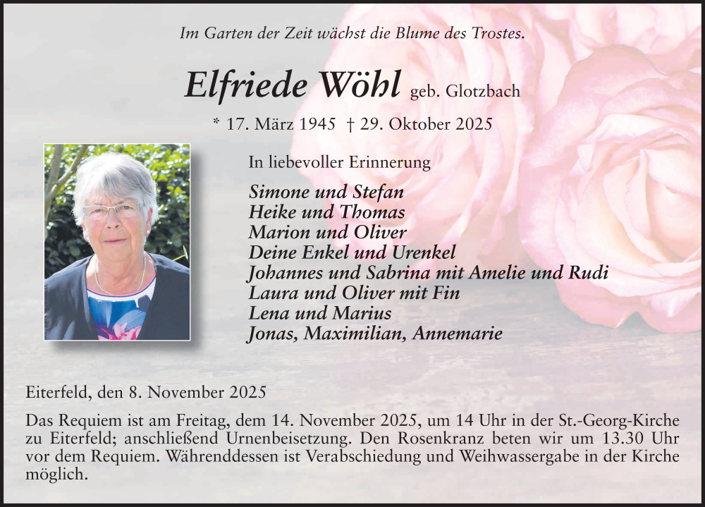  Traueranzeige für Elfriede Wöhl vom 08.11.2025 aus FZ