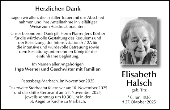 Traueranzeige von Elisabeth Halsch von FZ