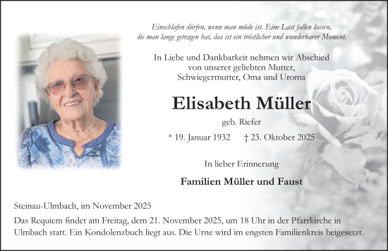 Traueranzeige von Elisabeth Müller von FZ