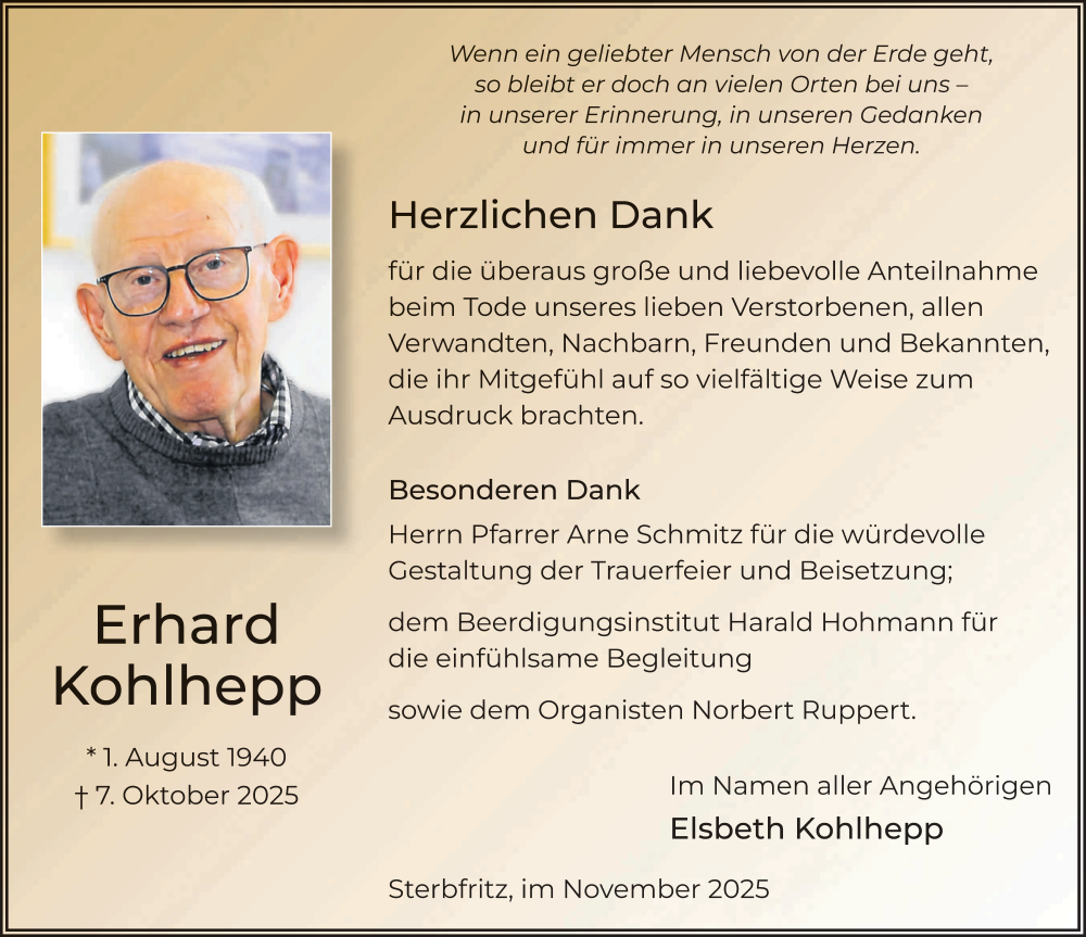  Traueranzeige für Erhard Kohlhepp vom 22.11.2025 aus FZ