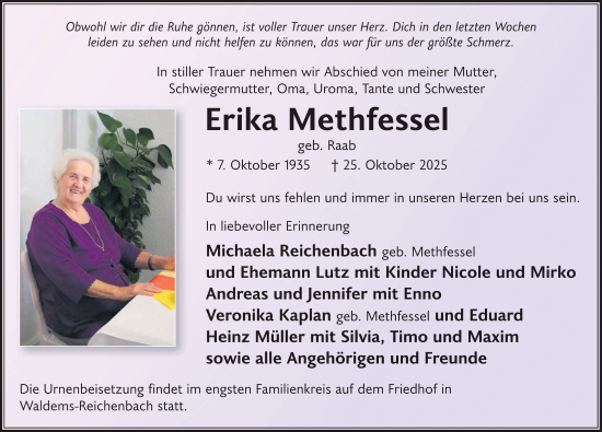 Traueranzeige von Erika Methfessel von FZ