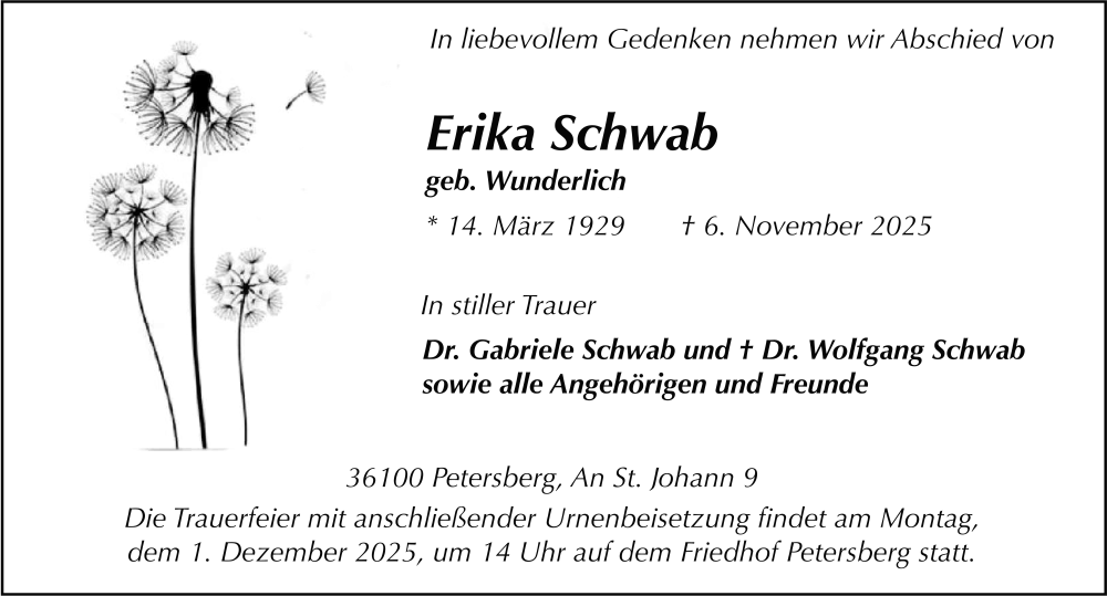  Traueranzeige für Erika Schwab vom 22.11.2025 aus FZ