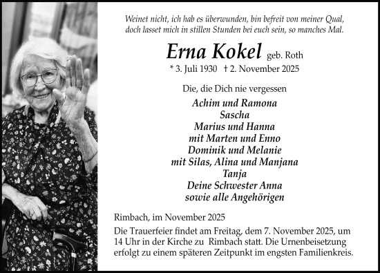 Traueranzeige von Erna Kokel von FZ