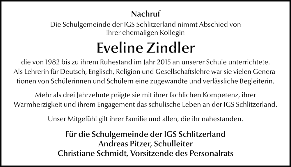  Traueranzeige für Evi Zindler vom 08.11.2025 aus FZ