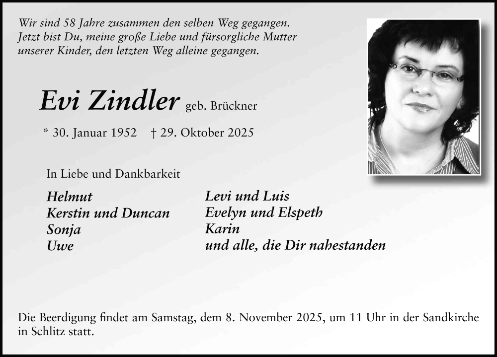  Traueranzeige für Evi Zindler vom 04.11.2025 aus FZ