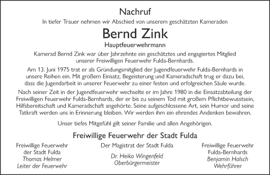 Traueranzeige von Bernd Zink von FZ