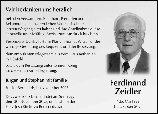 Traueranzeige von Ferdinand Zeidler von FZ