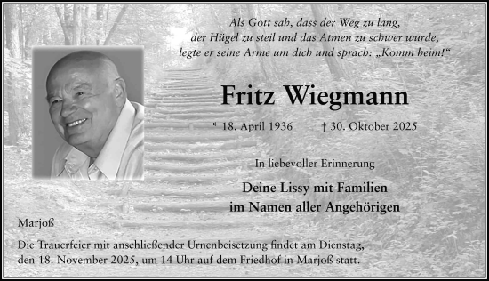 Traueranzeige von Fritz Wiegmann von FZ