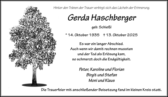 Traueranzeige von Gerda Haschberger von FZ
