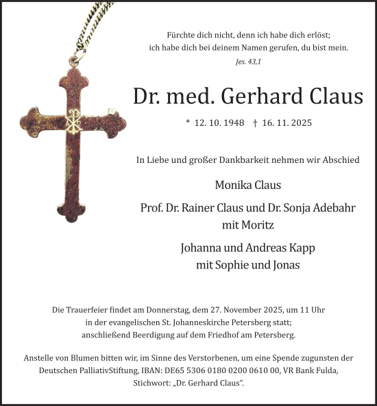 Traueranzeige von Gerhard Claus von FZ