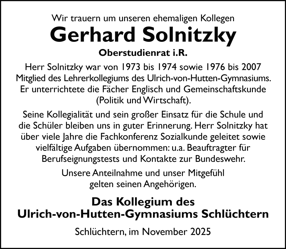  Traueranzeige für Gerhard Solnitzky vom 29.11.2025 aus FZ