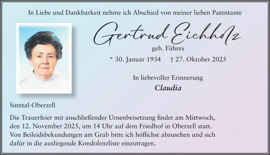 Traueranzeige von Gertrud Eichholz von FZ