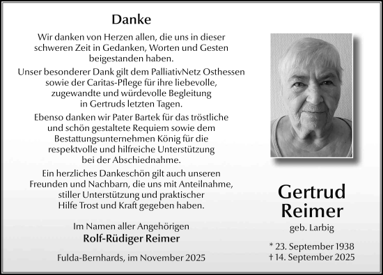Traueranzeige von Gertrud Reimer von FZ