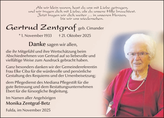 Traueranzeige von Gertrud Zentgraf von FZ
