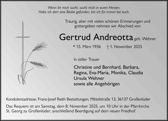 Traueranzeige von Getrud Andreotta von FZ