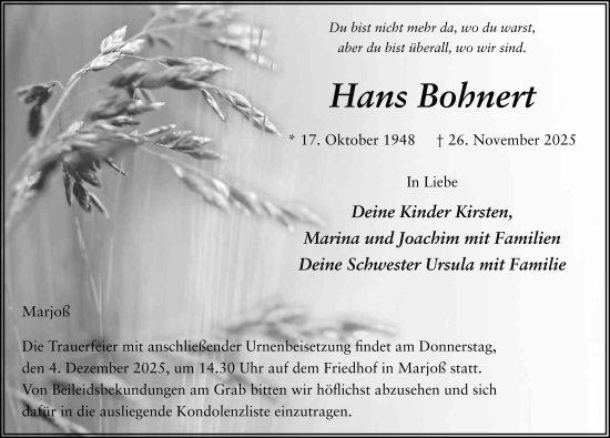 Traueranzeige von Hans Bohnert von FZ