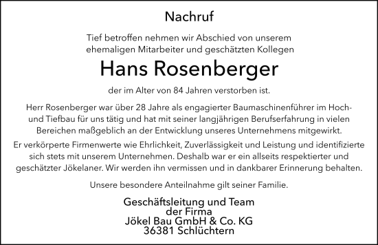 Traueranzeige von Hans Rosenberger von FZ