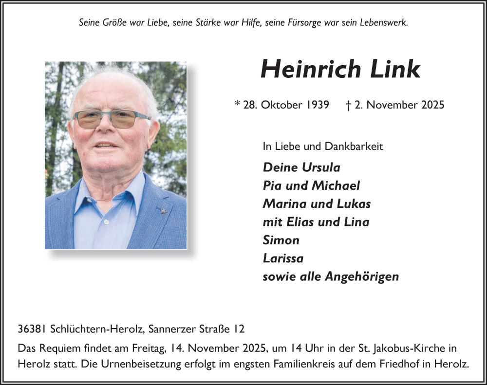  Traueranzeige für Heinrich Link vom 11.11.2025 aus FZ