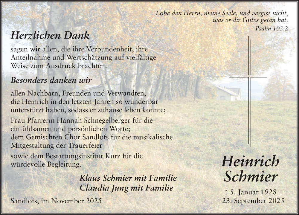  Traueranzeige für Heinrich Schmier vom 22.11.2025 aus FZ