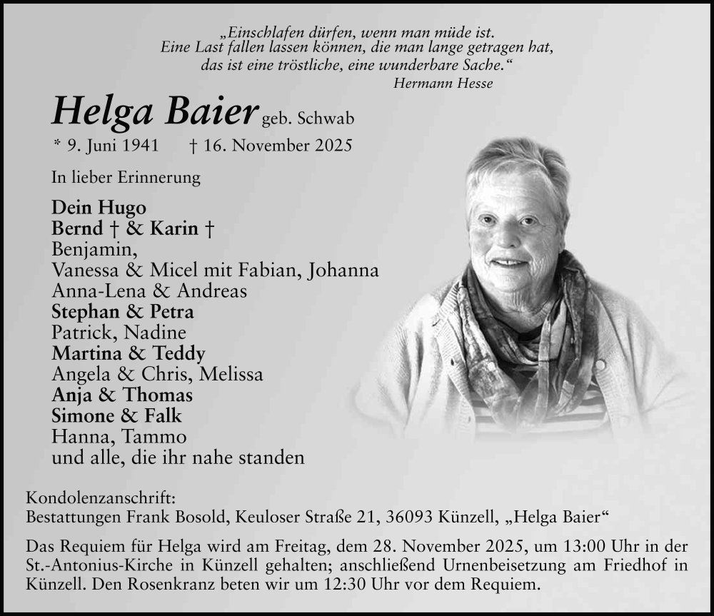  Traueranzeige für Helga Baier vom 22.11.2025 aus FZ