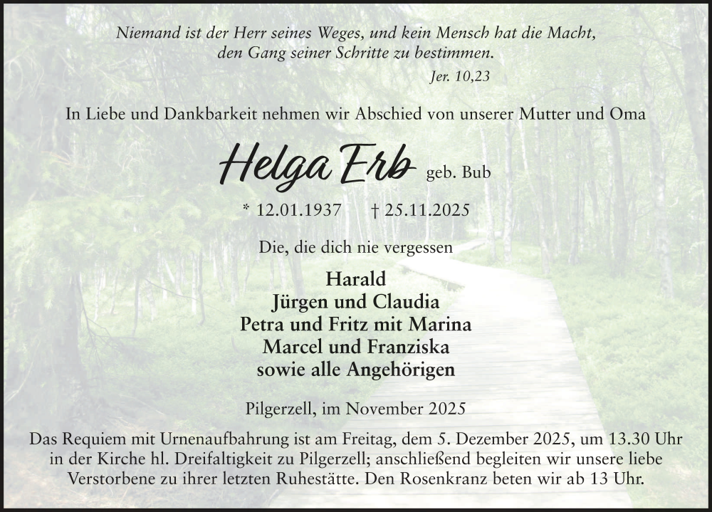  Traueranzeige für Helga Erb vom 29.11.2025 aus FZ