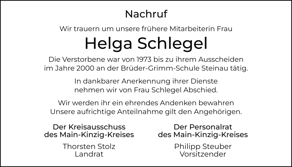  Traueranzeige für Helga Schlegel vom 22.11.2025 aus FZ