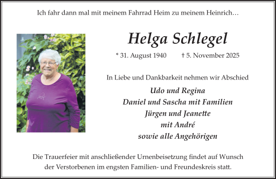 Traueranzeige von Helga Schlegel von FZ