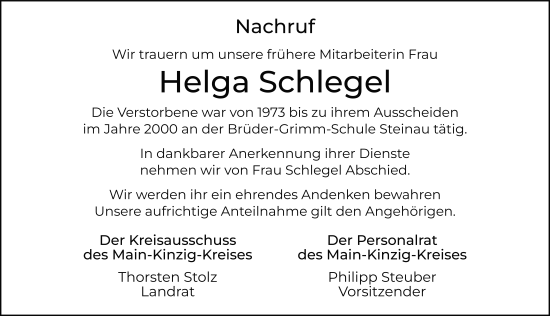 Traueranzeige von Helga Schlegel von FZ