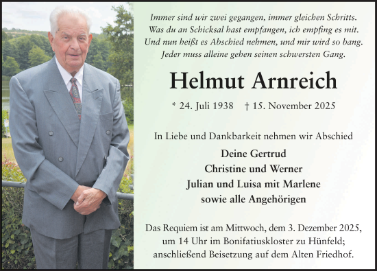 Traueranzeige von Helmut Arnreich von FZ