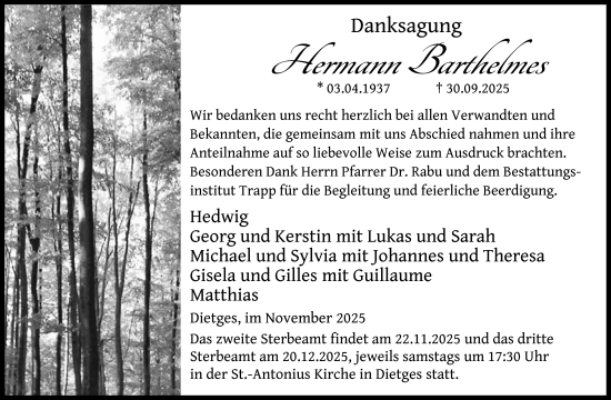 Traueranzeige von Hermann Barthelmes von FZ