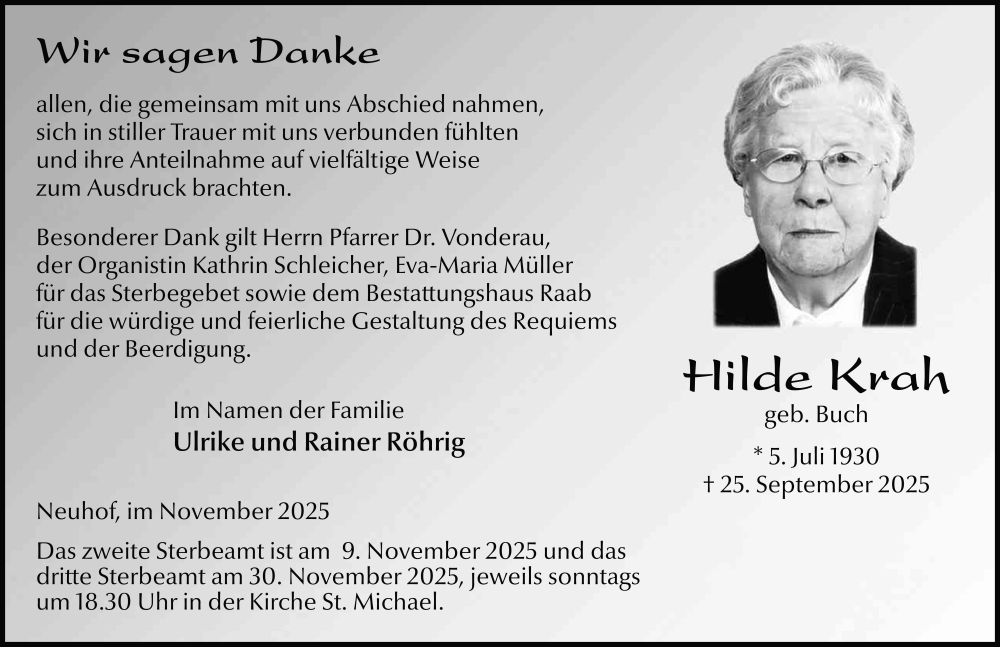  Traueranzeige für Hilde Krah vom 07.11.2025 aus FZ