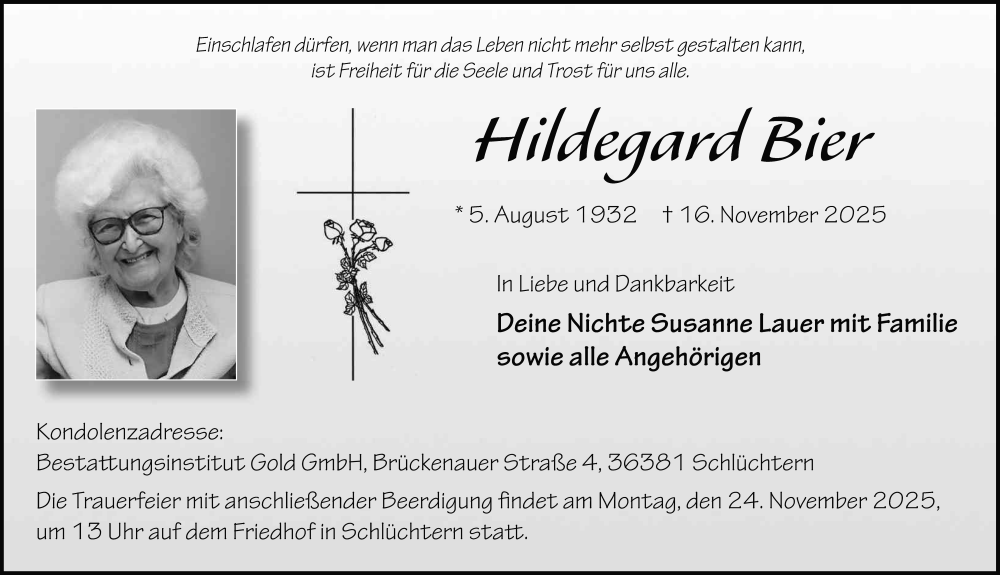  Traueranzeige für Hildegard Bier vom 22.11.2025 aus FZ