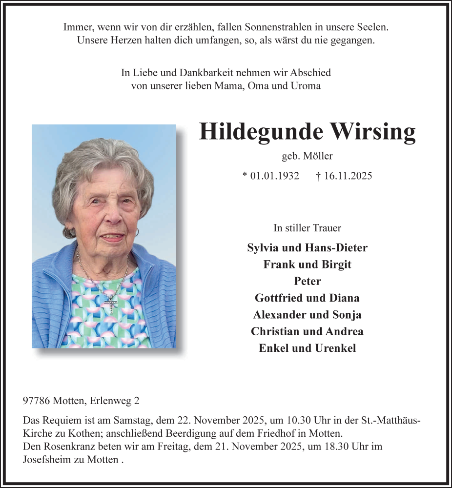  Traueranzeige für Hildegunde Wirsing vom 20.11.2025 aus FZ