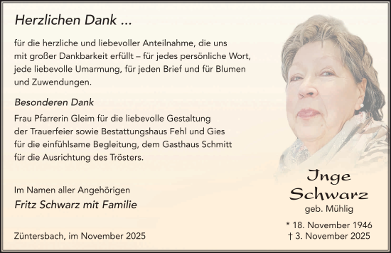 Traueranzeige von Inge Schwarz von FZ