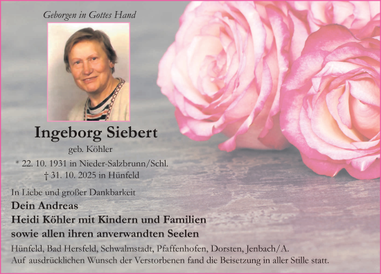 Traueranzeige von Ingeborg Siebert von FZ