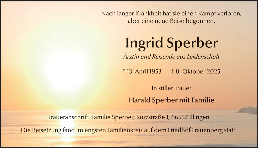  Traueranzeige für Ingrid Sperber vom 08.11.2025 aus FZ