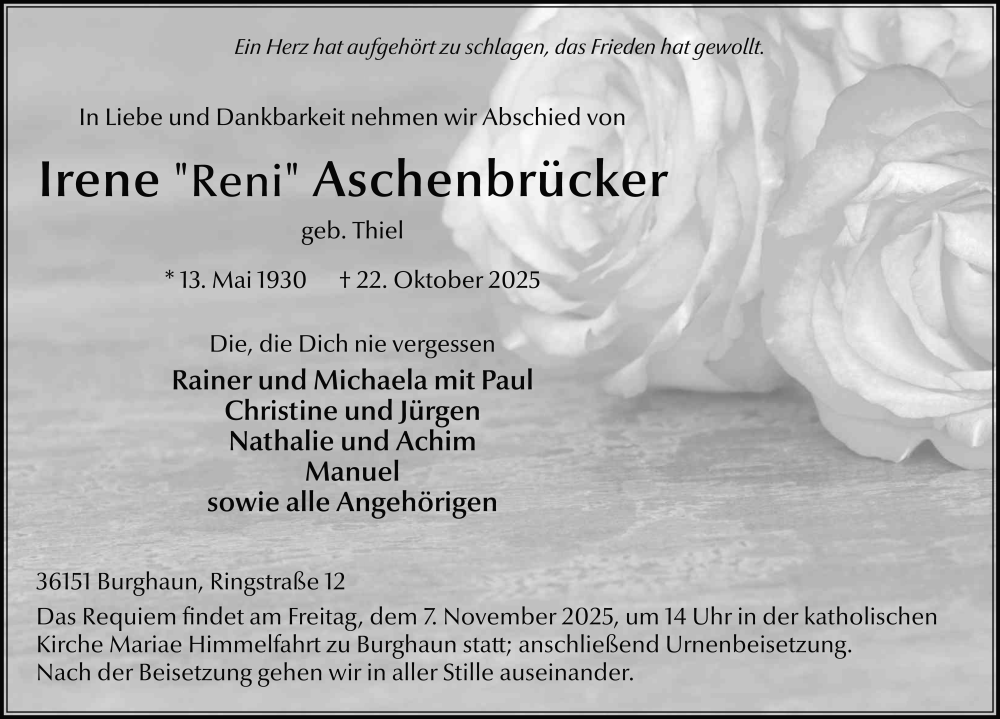  Traueranzeige für Irene Aschenbrücker vom 04.11.2025 aus FZ