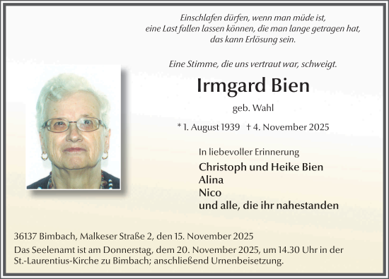 Traueranzeige von Irmgard Bien von FZ
