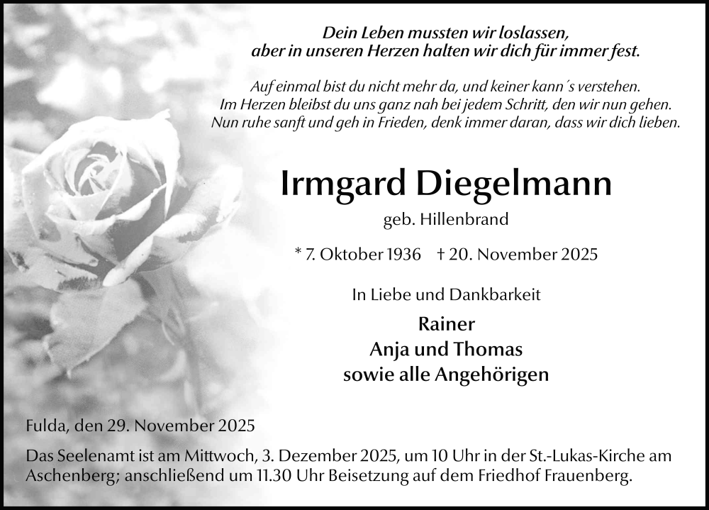  Traueranzeige für Irmgard Diegelmann vom 29.11.2025 aus FZ