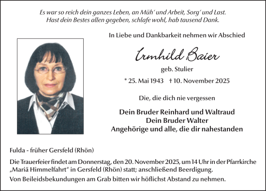 Traueranzeige von Irmhild Baier von FZ