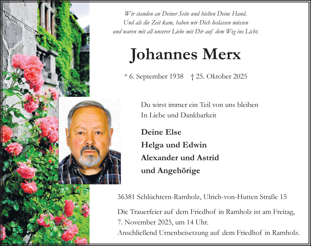  Traueranzeige für Johannes Merx vom 01.11.2025 aus FZ