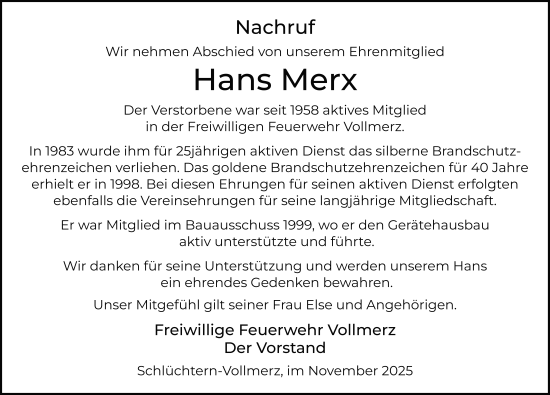 Traueranzeige von Johannes Merx von FZ