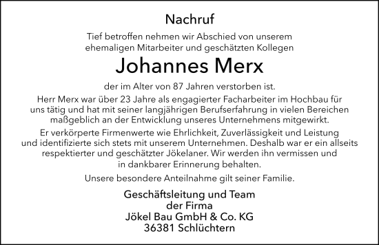 Traueranzeige von Johannes Merx von FZ