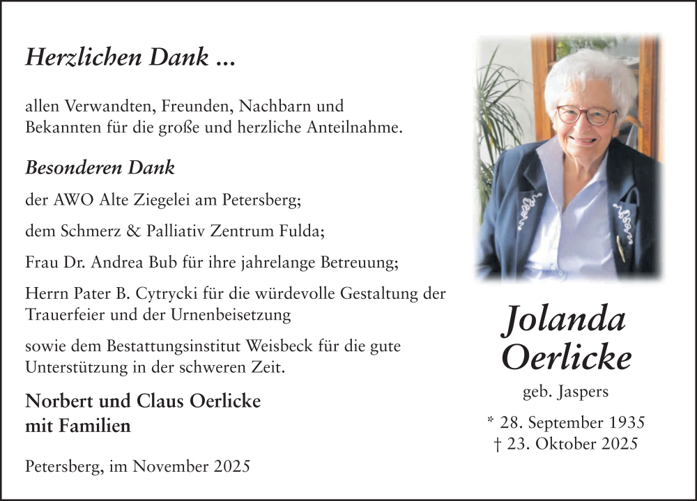  Traueranzeige für Jolanda Oerlicke vom 22.11.2025 aus FZ