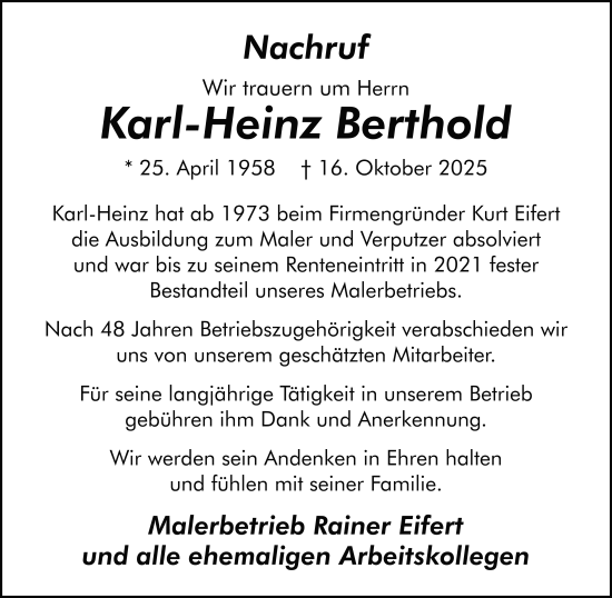 Traueranzeige von Karl-Heinz Berthold von FZ