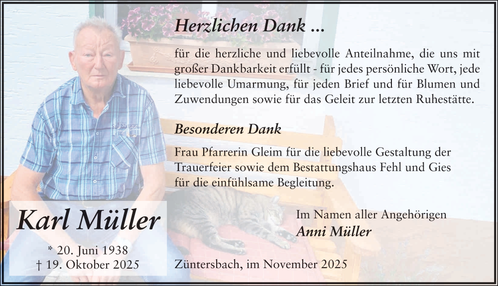  Traueranzeige für Karl Müller vom 22.11.2025 aus FZ