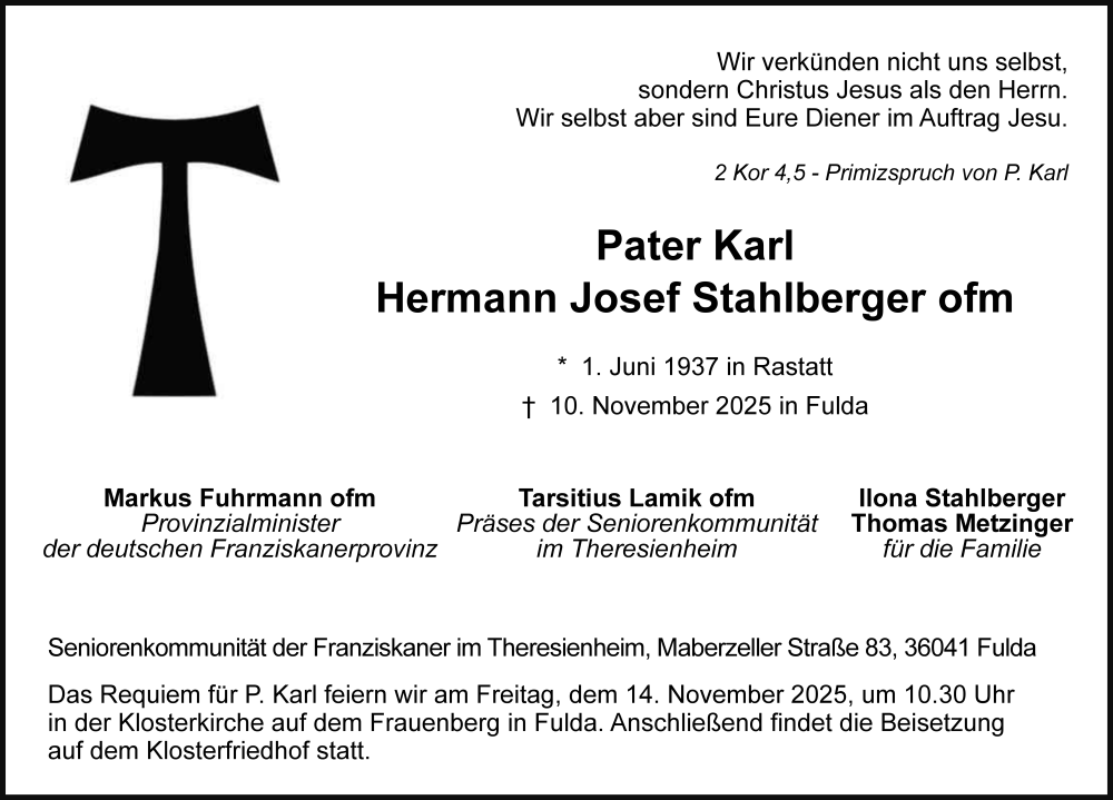  Traueranzeige für Karl Hermann Josef Stahlberger vom 12.11.2025 aus FZ
