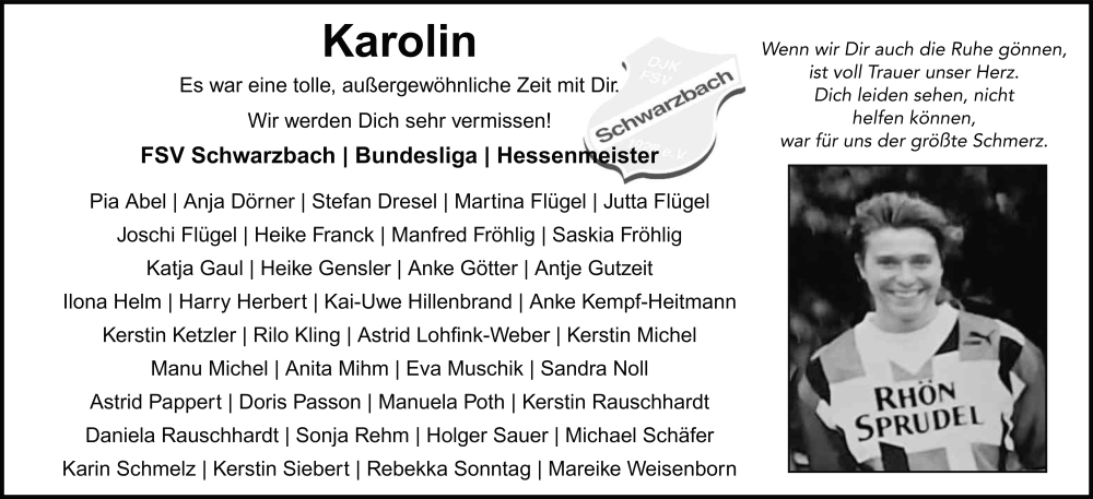  Traueranzeige für Karolin Hahn-Schwalbach vom 06.11.2025 aus FZ